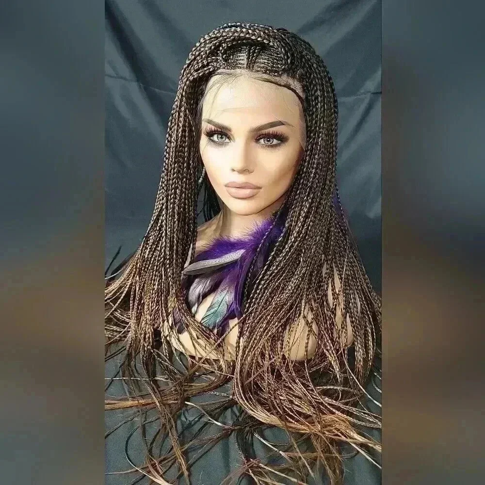 Premium Handmade Auburn Ombre Braided Wig with Box Braids & Cornrows - NWT
